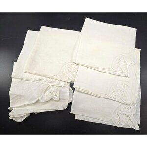 Vintage White Linen Napkins With Crochet Lace Corner Set Of 6 JJ3967